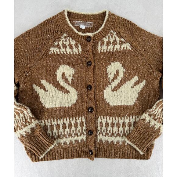 Kimchi Blue Swan Cardigan Brown Fair Isle Sweater Knit Rare Large - Picture 5 of 9